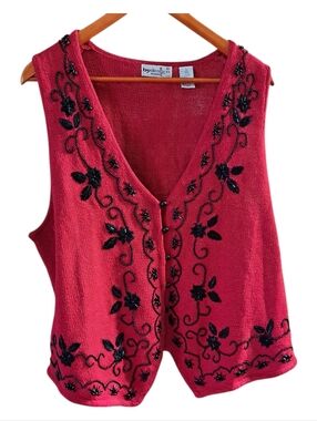 ByDesign Woman Knit Red Black Beaded Sweater Vest Vintage 1X